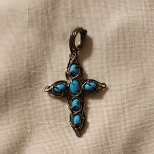 CAROLYN POLLACK Elegant Silver and Sleeping Beauty Turquoise Cross Pendant